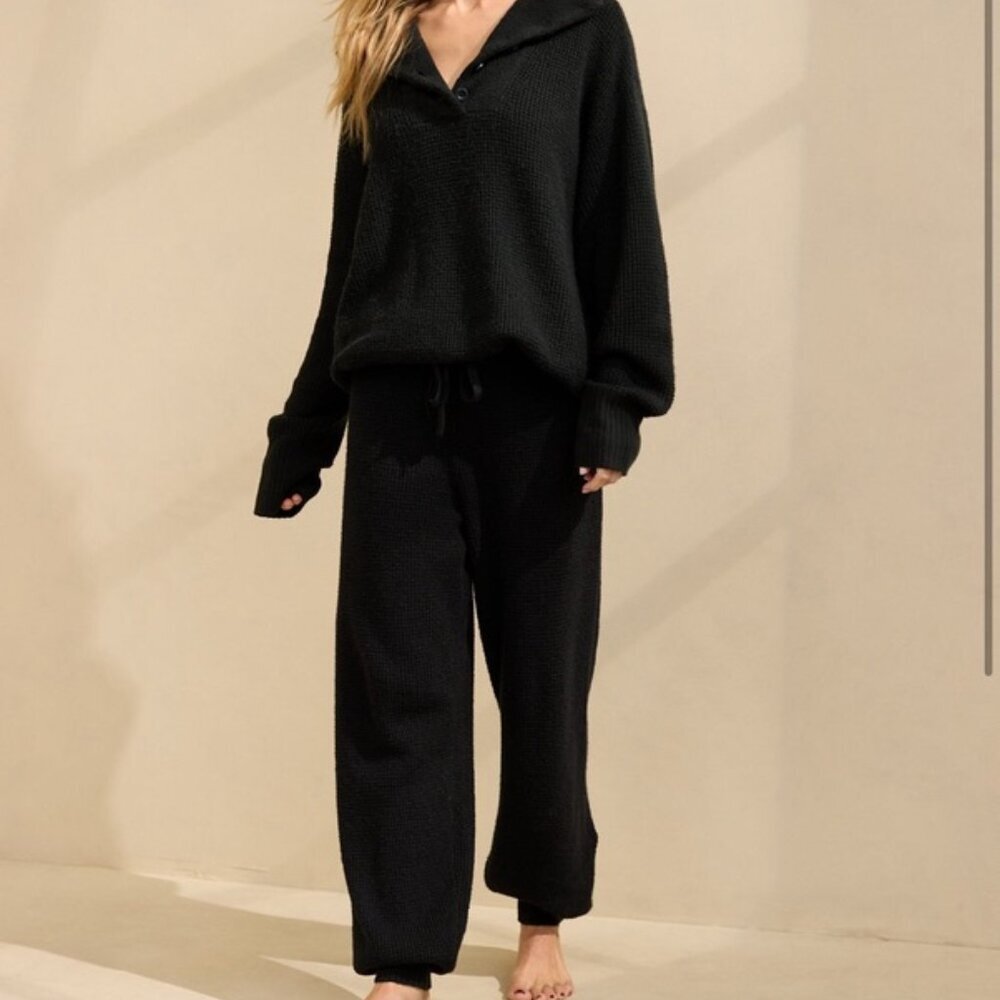 Aerie Cozy Up Waffle Knit Set - Cowl Button Sweater + Joggers - Black - Small